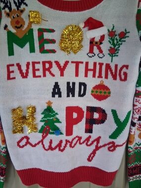 Juniors Festive Merry Everything and Happy Always Christmas Sweater Size 7-9